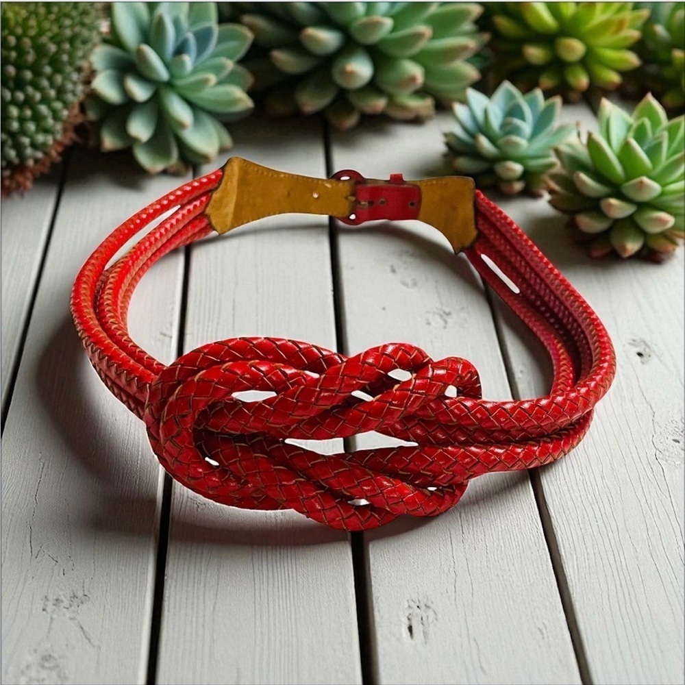 Vintage Red Braided Leather Belt with Knot Detail | Adjustable